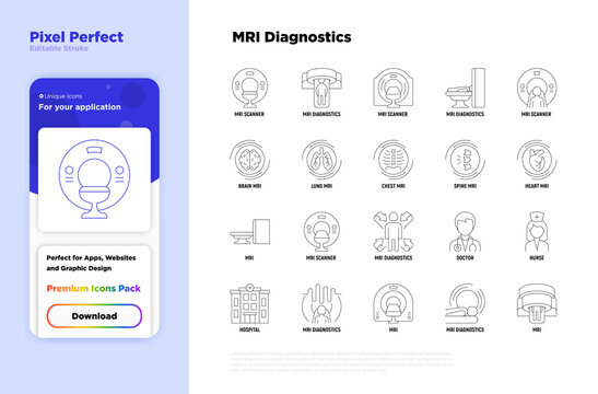 MRI diagnostics thin line icons set. Medical equipment for oncology detection, doctor, nurse, hospital. Pixel perfect, editable stroke. Vector illustration.