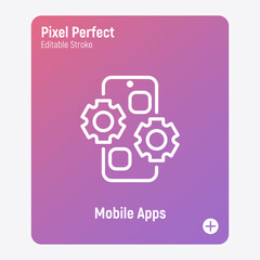 Web development thin line icon. Mobile app. Cogwheels on smartphone screen. Pixel perfect, editable stroke. Vector illustration.