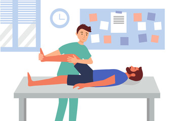 Physiotherapy or Injury rehabilitation treatment concept vector illustration. Physiotherapist help patient to do physiotherapy exercise. - obrazy, fototapety, plakaty
