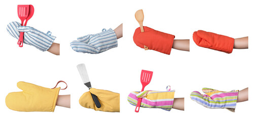 Closeup view of chefs in oven gloves holding utensils, collage. Banner design