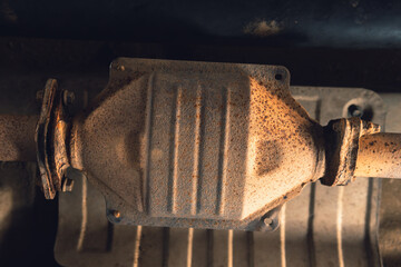 Vehicle underbody exhaust pipe, catalyst, resonator, exhaust system. Old parts require repair and...
