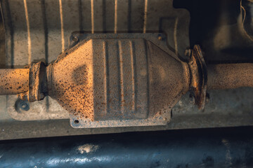 Vehicle underbody exhaust pipe, catalyst, resonator, exhaust system. Old parts require repair and...