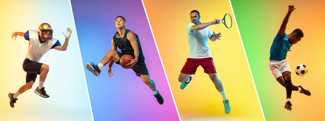 Collage of different professional sportsmen, fit people in action and motion isolated on black...