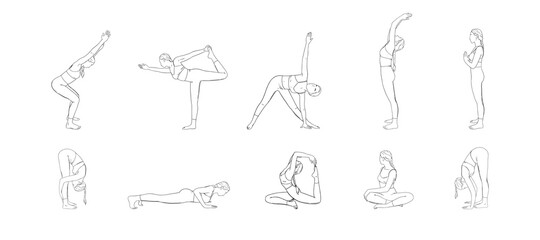 Hatha yoga poses set. Yogi woman in different asanas. Sketch vector illustration isolated in white background