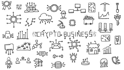Hand-drawn crypto business icons. Blockchain technology. Abstract miner and cryptocurrency.