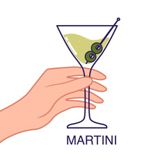 Hand holds a glass of martini with olive. Vector illustration isolated on white background.