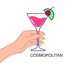 Hand holds a glass of cosmopolitan with cherry and lime. Vector illustration isolated on white background