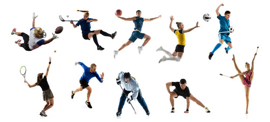 Sport collage. Athletics, tennis, golf and basketball player standing isolated over white studio...