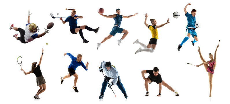 Sport collage. Athletics, tennis, golf and basketball player standing isolated over white studio background.