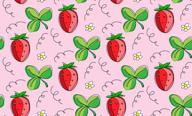 Strawberry seamless pattern. Berries, leaves, strawberry flowers. On a pink background. Vector