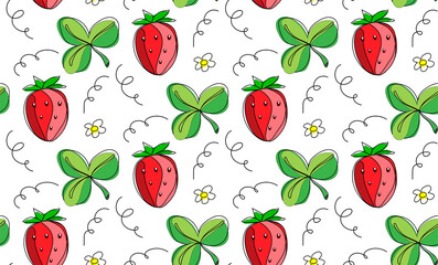 Strawberry seamless pattern. Berries, leaves, strawberry flowers. On a transparent background. Vector