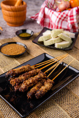 Pork Satay or Sate Babi. Pork Satay served with a Peanut sauce and slices of lontong or ketupat (rice cakes)