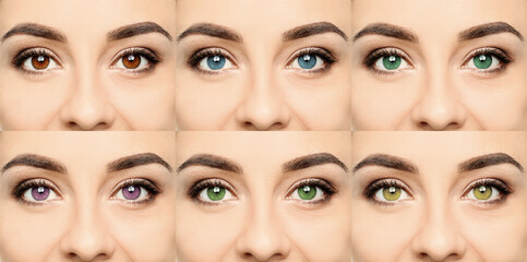 Collage with photos of woman wearing different color contact lenses, closeup. Banner design