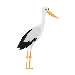 Stork isolated on white background, standing bird in flat style.