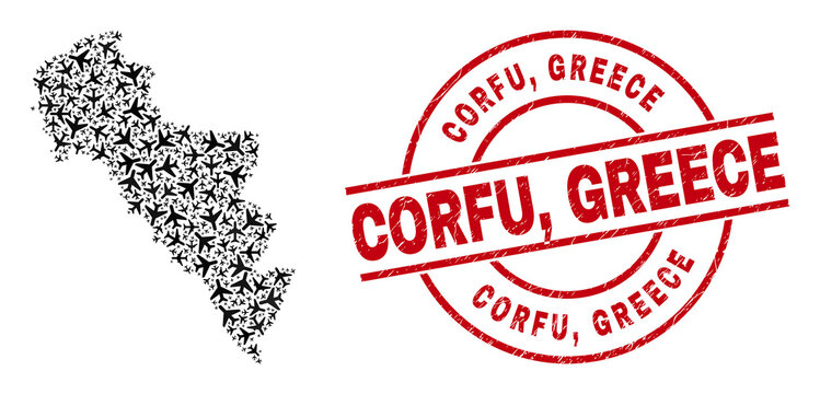 Corfu, Greece grunge stamp, and Andros Island of Greece map collage of aeroplane items. Collage Andros Island of Greece map created of aviation items. Red watermark with Corfu, Greece word,