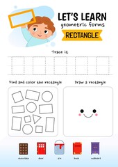 Handwriting practice sheet. Basic writing. Educational game for children. Learning basic geometric shapes. Rectangle.
