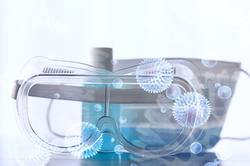 protection against coronavirus mask antiseptic glasses, concept medical disinfection antiseptic gel, face mask