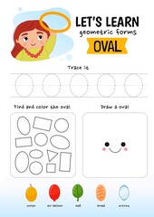 Handwriting practice sheet. Basic writing. Educational game for children. Learning basic geometric shapes. Oval.
