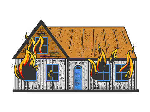 house on fire color line art sketch engraving vector illustration. T-shirt apparel print design. Scratch board imitation. Black and white hand drawn image.