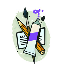 Artist's set. A tube of paint, a brush and a pencil. Vector. Illustration for an art store.