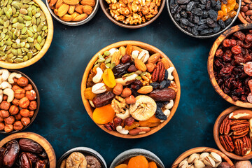 Nuts and dried fruits. Dried apricots, figs, raisins, pecans, walnuts, hazelnuts, almonds and other. Blue background, top view
