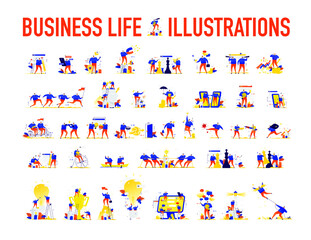 Illustrations of businessmen in different situations. People achieve their goals and make a career. Search for ideas. Solving tasks and problems. Business metaphors. Vector. All images are isolated on