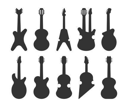 Guitar forms vector black silhouettes set isolated on a white background.