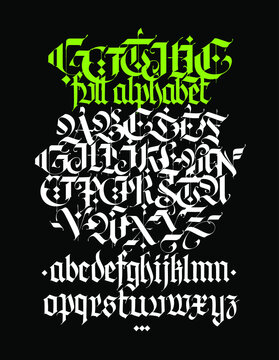 Full alphabet in the Gothic style. Vector. Letters and symbols on a black background. Calligraphy and lettering. Medieval Latin letters. Individual letters. Elegant font for tattoo. A set for inspirat