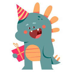 Cute dinosaur in birthday hat with gift box vector cartoon character isolated on a white background.