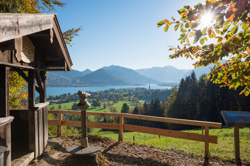lookout point Prinzenruh, view to lake tegernsee, autumnal landscape bavaria