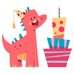 Obraz premium Cute dinosaur with birthday cake vector cartoon character isolated on a white background.
