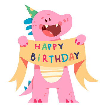 Cute dinosaur with ribbon banner Happy Birthday vector cartoon character isolated on a white background.