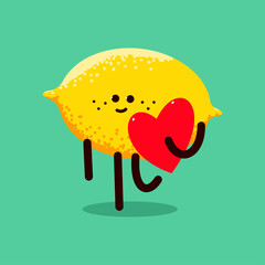 Cute lemon with red heart vector cartoon character isolated on background.