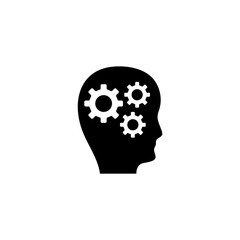 Human Head with Gears, Thoughts of Brain. Flat Vector Icon illustration. Simple black symbol on white background. Human Head Gears, Thoughts Brain sign design template for web and mobile UI element.