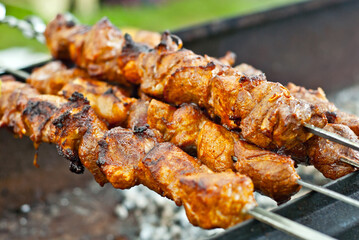 Grilled meat close up. The kebab is roasting on the fire. Pieces of pork on skewers.