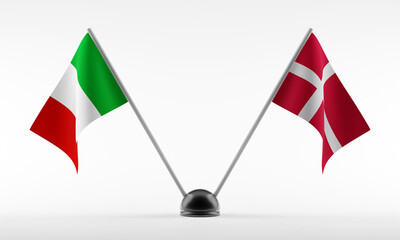 Stand with two national flags. Flags of Italy and Denmark. Isolated on a white background. 3d rendering