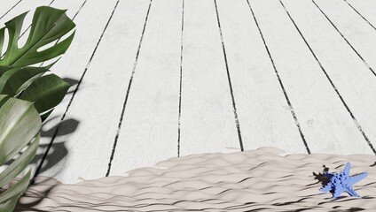 3d rendered wallpaper of plants in the foreground with a background of white painted wooden floor and beach sand. Wallpaper for summer promotion.