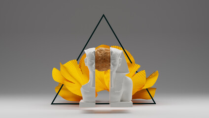 3d rendering. wallpaper in white and gold colour. Statue cross section with plants in the background.