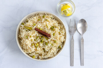 Green Peas Rice in a Bowl Top Down Photo, Indian Food Photography