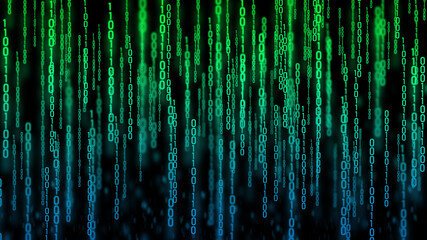 Abstract blue binary code on a black background.