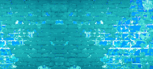 Abstract green turquoise blue colorful painted colored  damaged aged old weathered rustic brick wall brickwork stonework masonry texture background banner