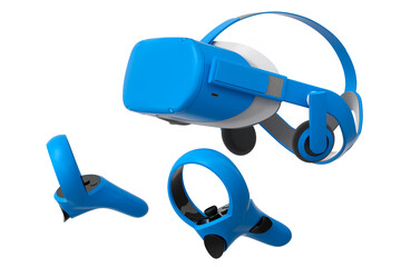 Virtual reality glasses and controllers for online gaming on white background