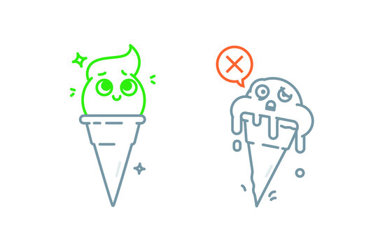 Ice cream icons in different states. Melted ice cream. Negative and positive metaphor. Vector. The image is isolated on a white background.