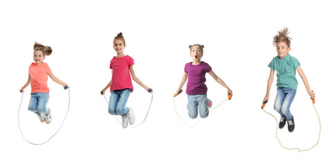 Cute happy children with jumping ropes on white background, collage. Banner design