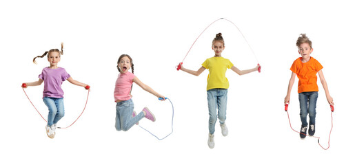 Cute happy children with jumping ropes on white background, collage. Banner design - obrazy, fototapety, plakaty