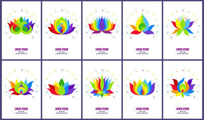 Ten rainbow сolored abstract lotuses in collection of vertical cards, decorative symbolic flower elements for flyer or poster design.
