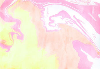 ピンクと黄色と白の水彩絵具で描いたマーブリング模様