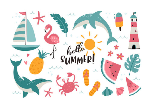 Lovely hand drawn summer doodles, cute beach elements with a lot of details, great for textiles, banners, wallpapers, wrapping - vector design