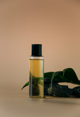 Bottled serum, oil cosmetics with sunlight on beige background, copy space