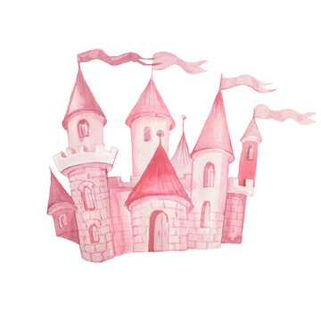 Fairy princess castle hand drawn watercolor illustration.  set print textile background clipart for little girls for the holiday congratulations

